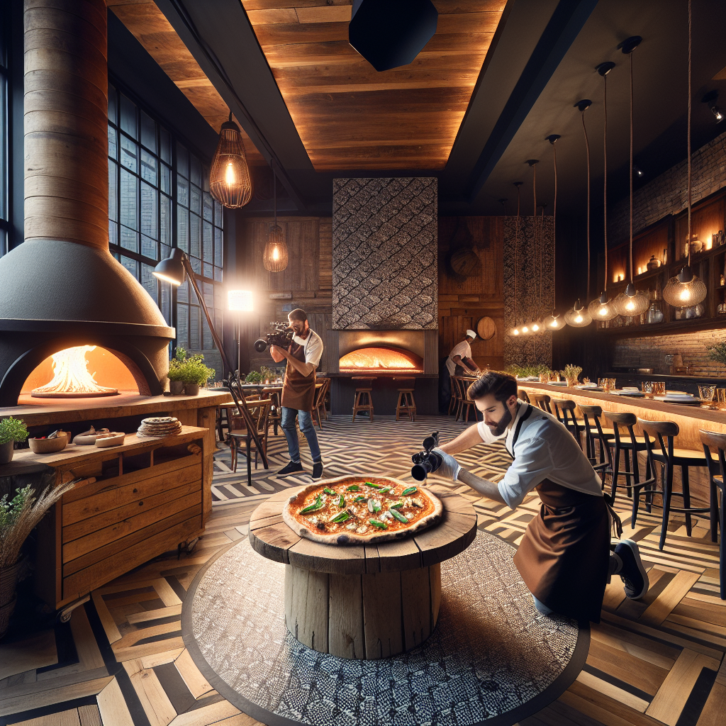 Professional pizza catering restaurant scene with authentic wood-fired oven