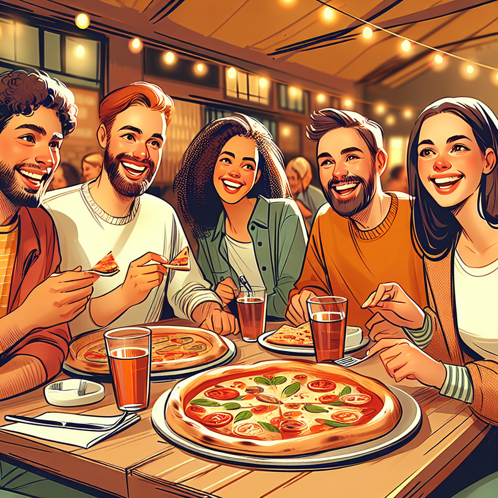 Happy dining customers enjoying authentic wood-fired pizza